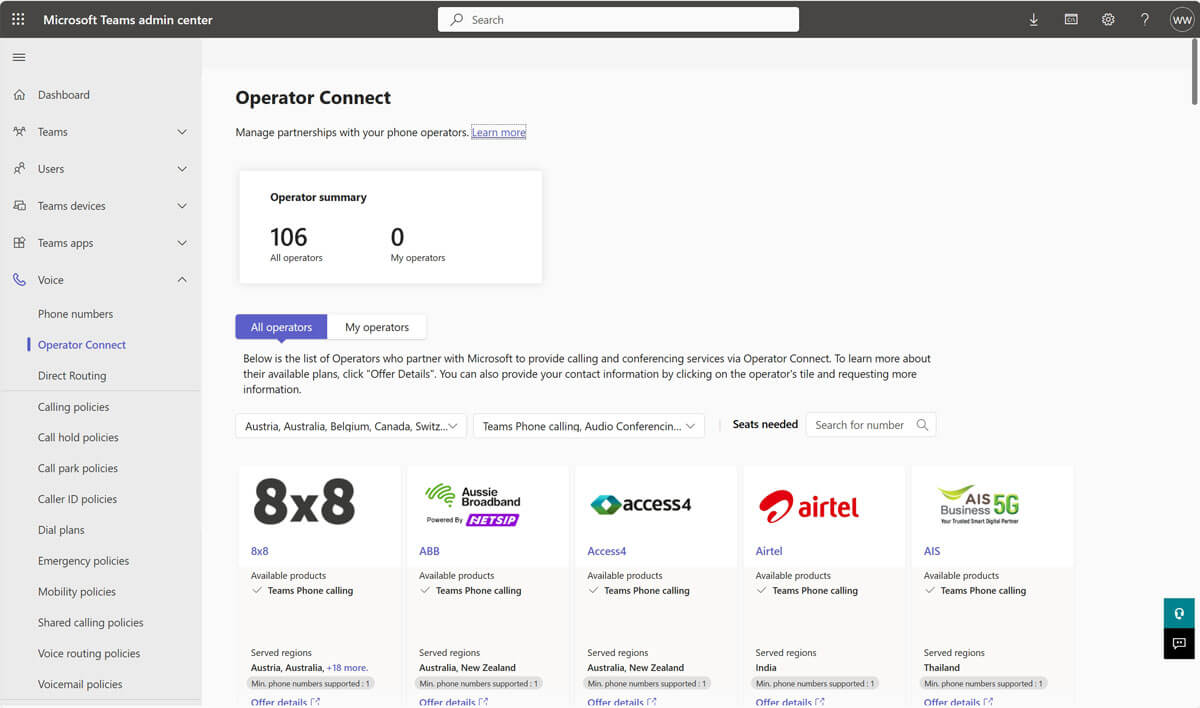 Global Microsoft Teams Operator Connect providers available in other countries